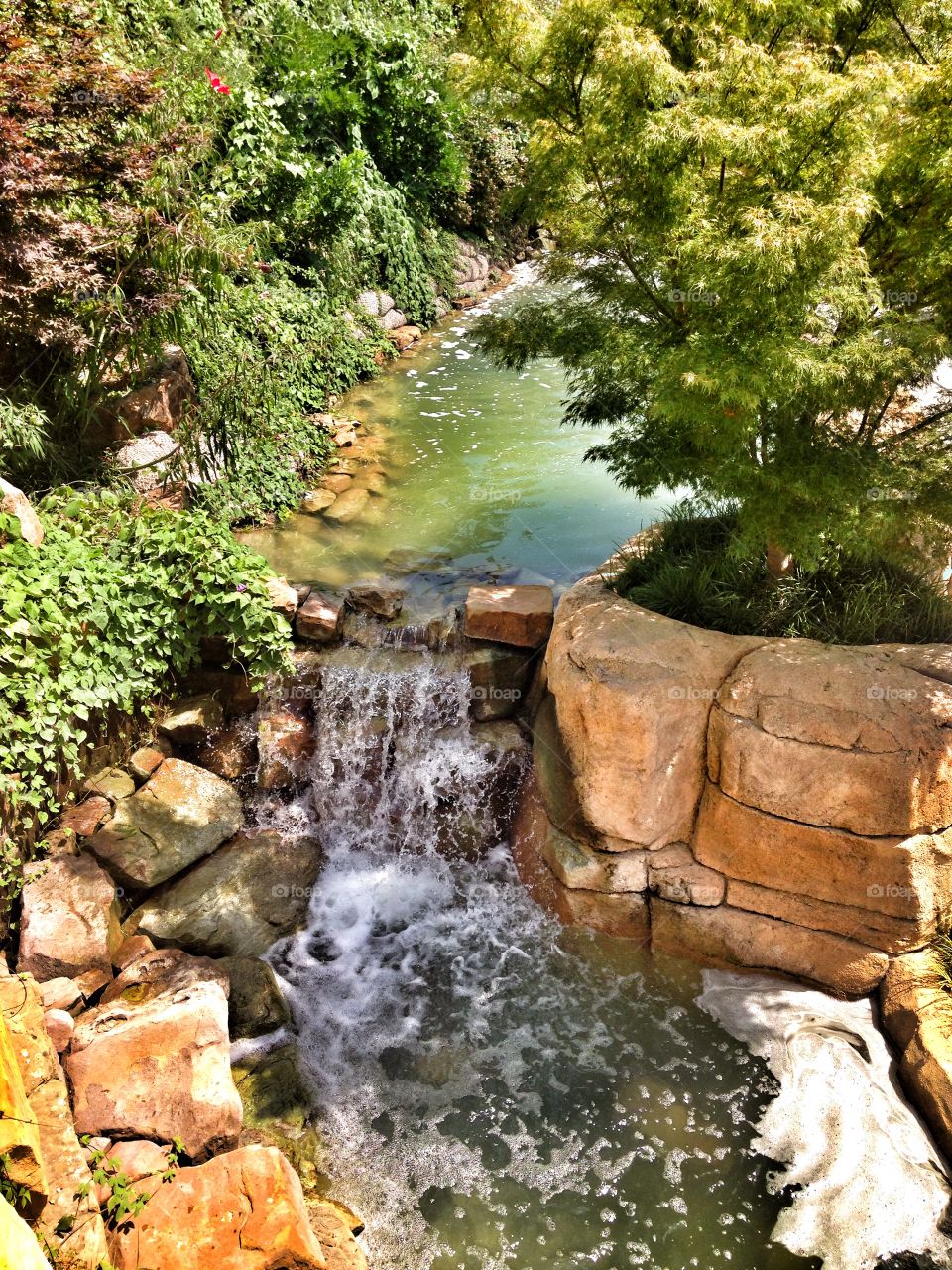 Looking down. Looking down at a waterfall in an outdoor garden exhibit