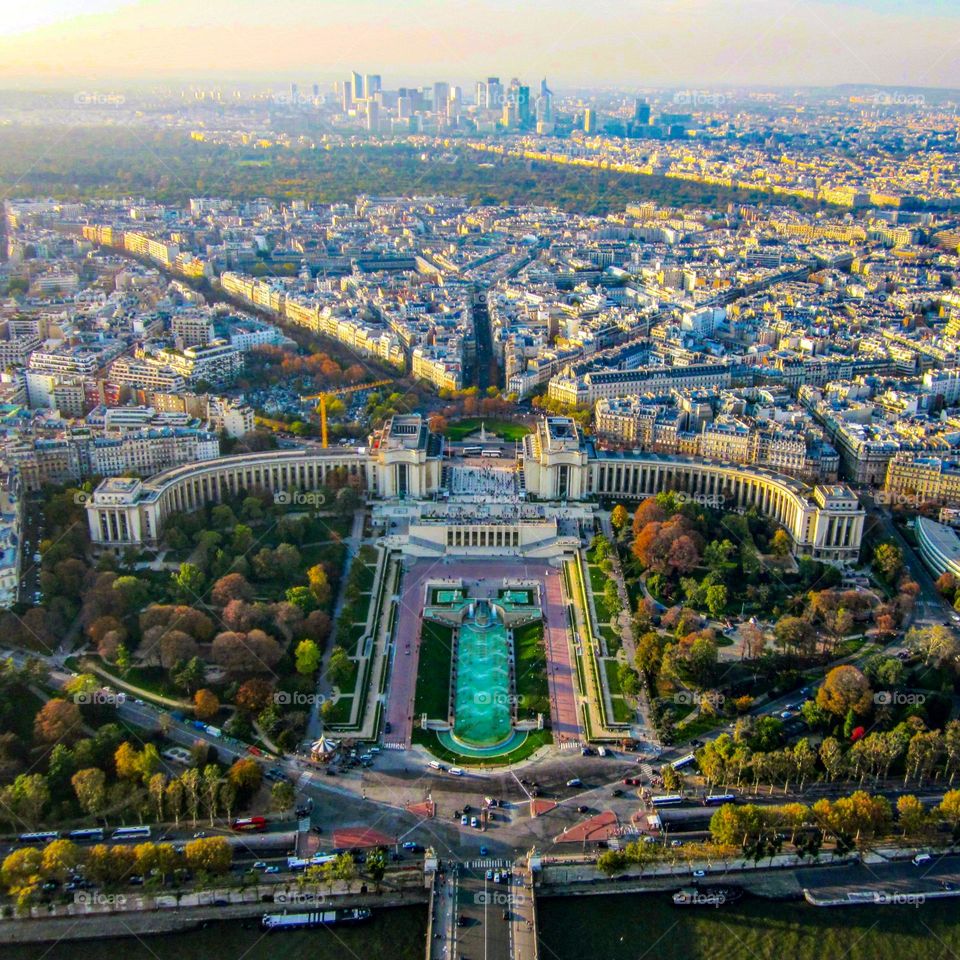 View of Paris from the top of the Eiffel Tower in France.