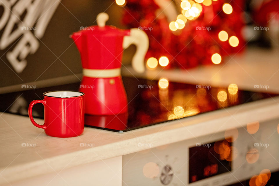 cup of coffee in a cozy festive Christmas atmosphere