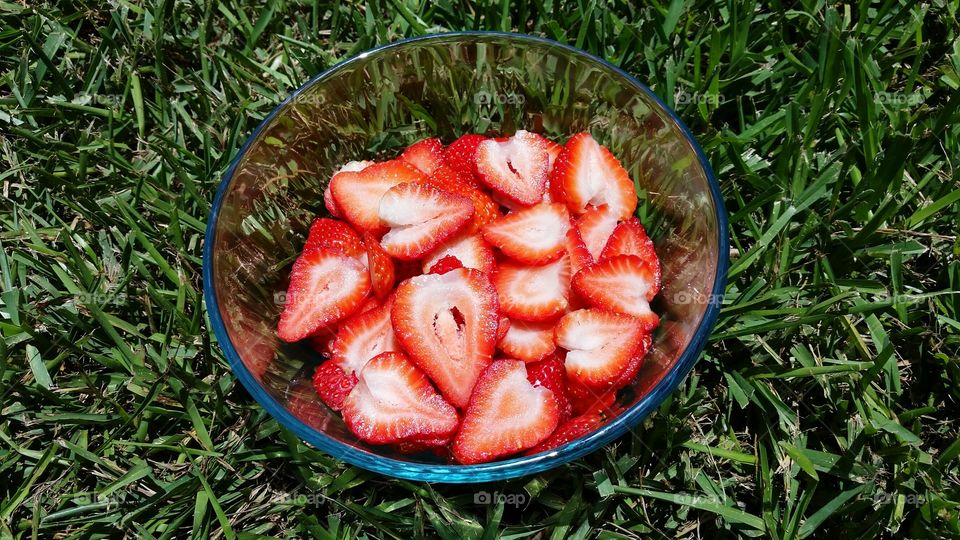 sliced strawberries. sliced strawberries ready for outdoors picnic