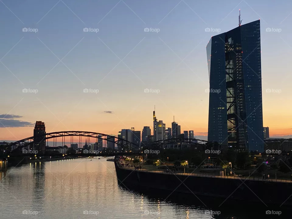 Skyline of Frankfurt at Sunset with European Central Bank 
