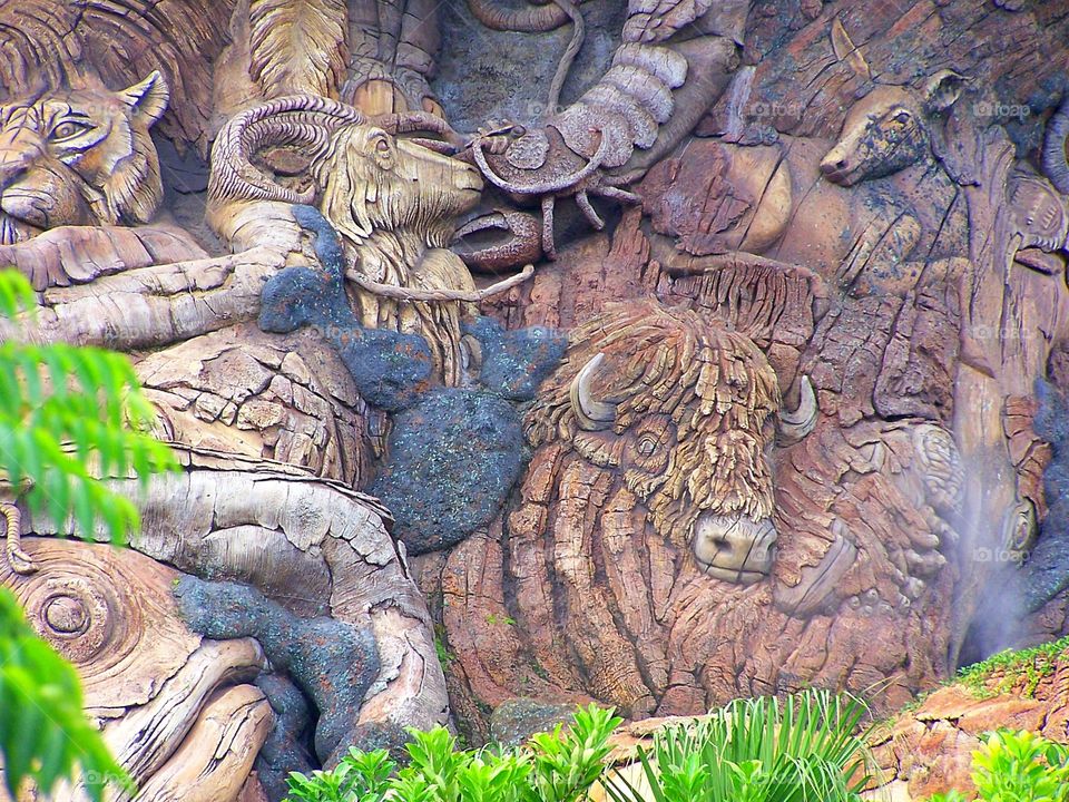 Carvings of animals in wood, ram, goat, deer, etc