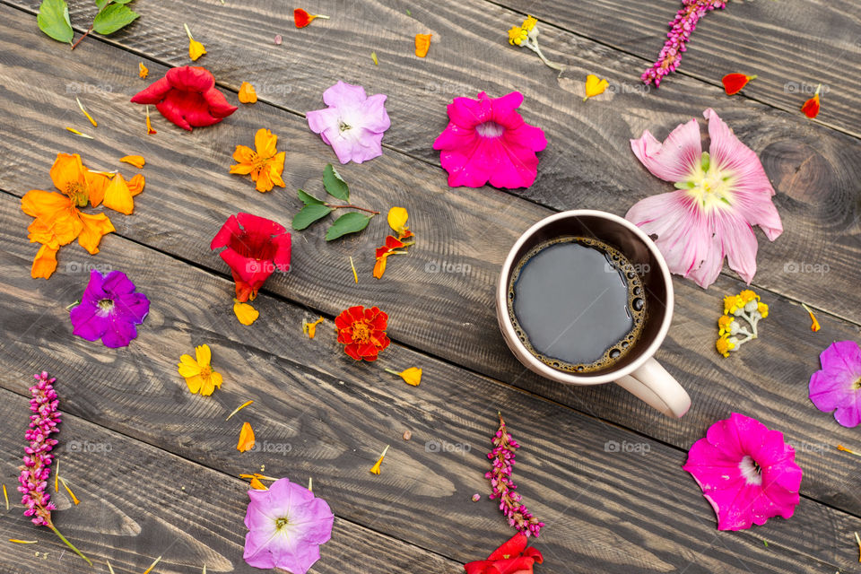 black coffee and flowers
