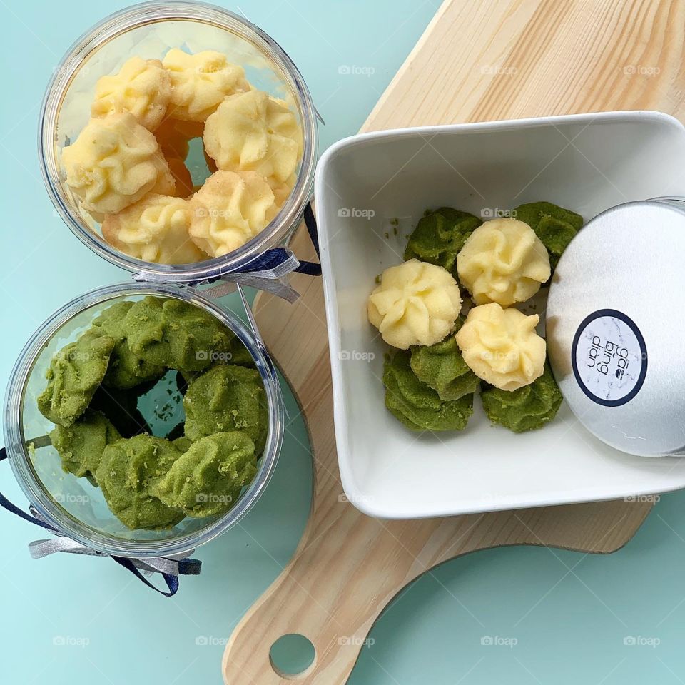 Salted butter and matcha cookies in kitchen setting 