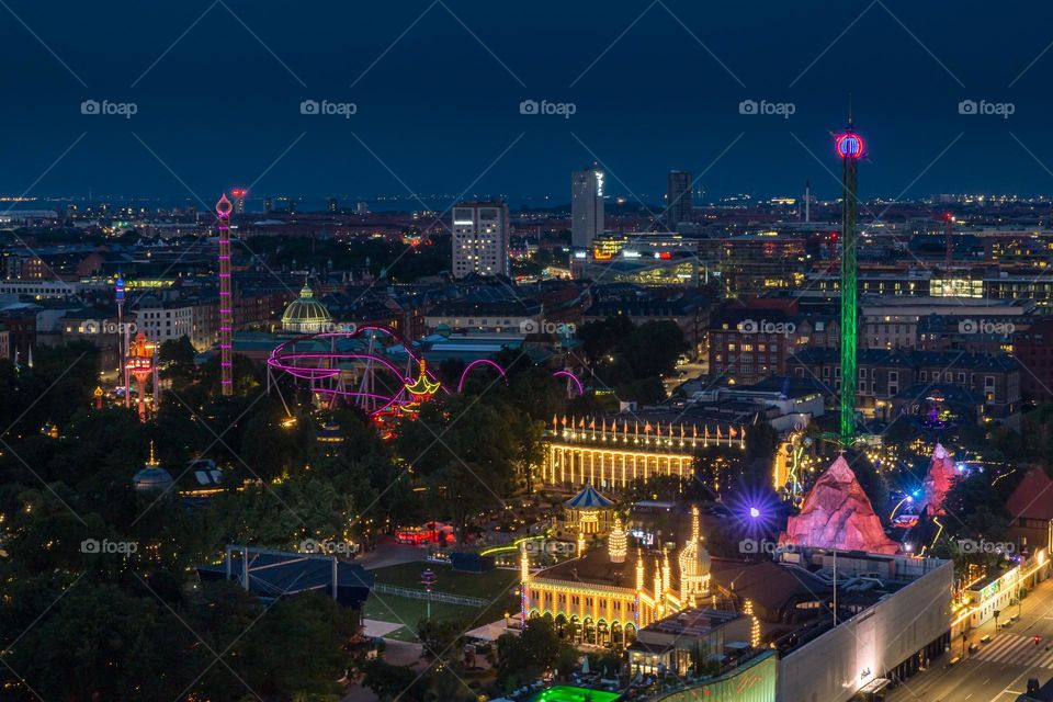 Night shot of amusement park Tivoli Copenhagen Den