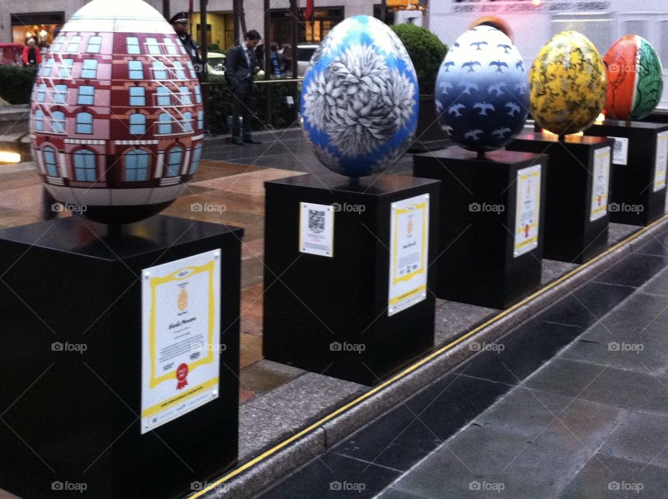 Sculptural eggs at Faberge Big Egg Hunt in Rockefeller Center, NYC, 2014 