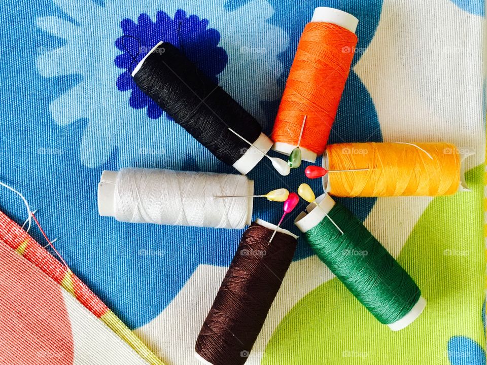 View of sewing lines and pins