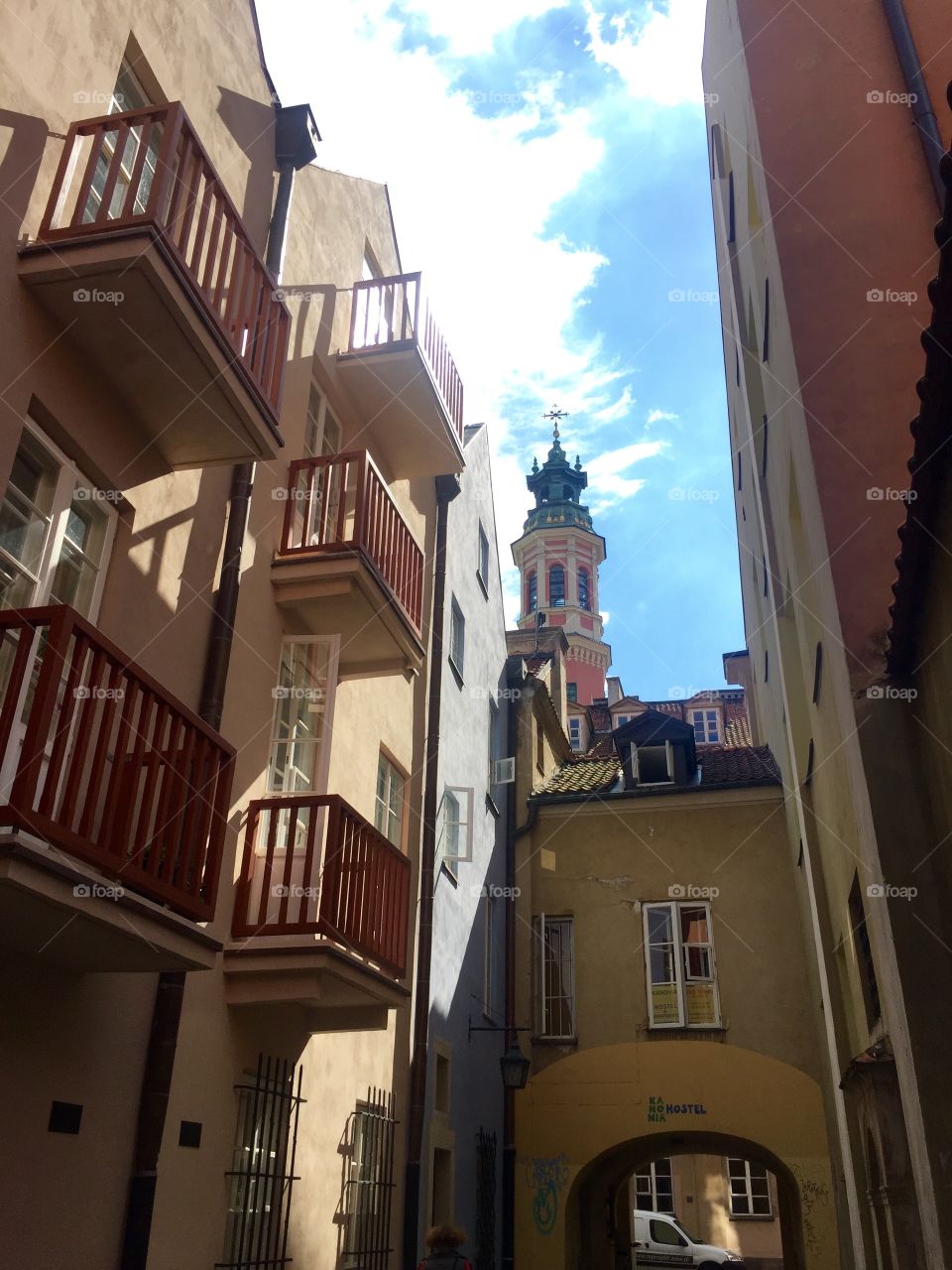 Balconies in a narrow street of Oldtown in Warsaw