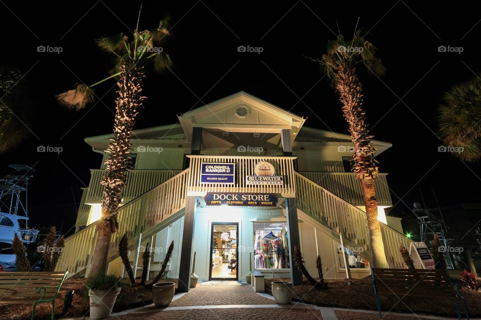 Orange Beach dock store shop in Alabama at night