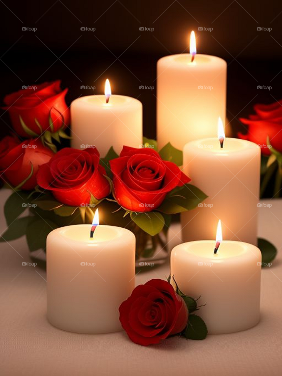Candles burning among roses