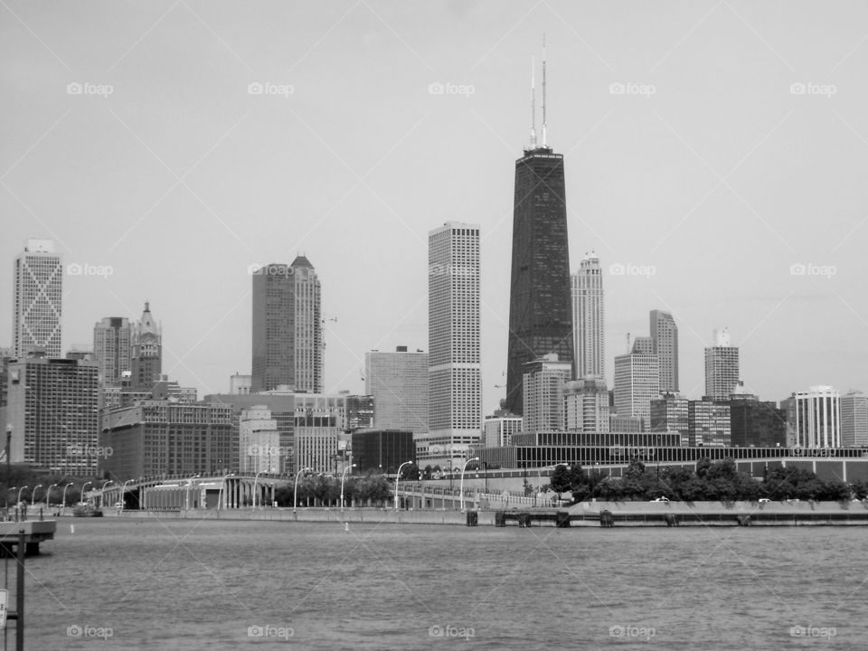 Chicago skyline. Black and white photo of Chicago skyline from Lake Michigan.