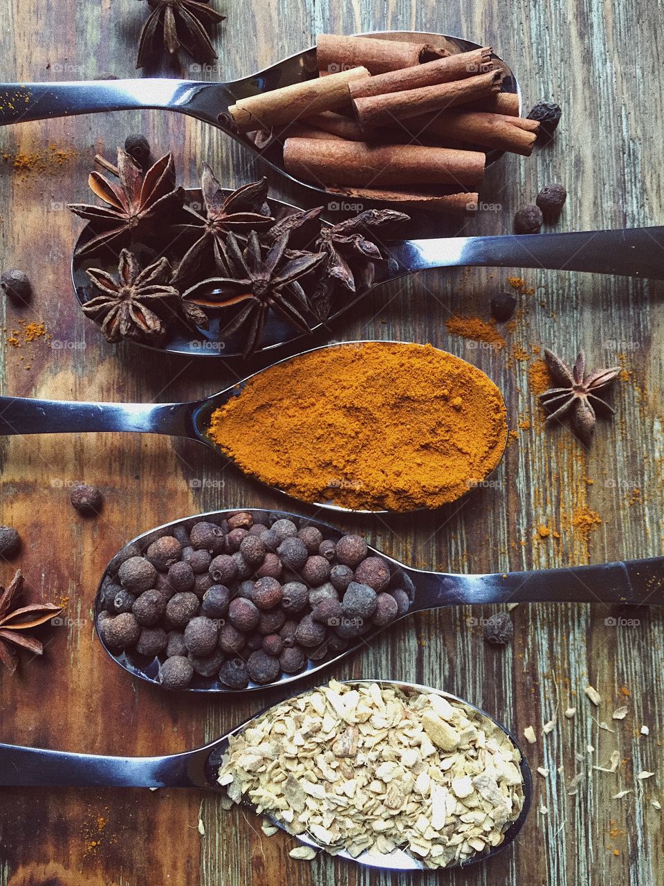 High angle view of spices on spoon