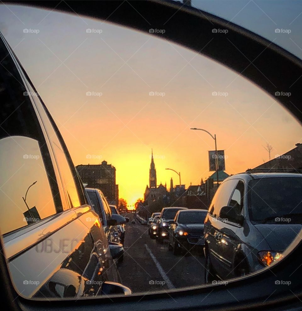 St. Francis Xavier College Church at sunset in mirror; St. Louis Missouri