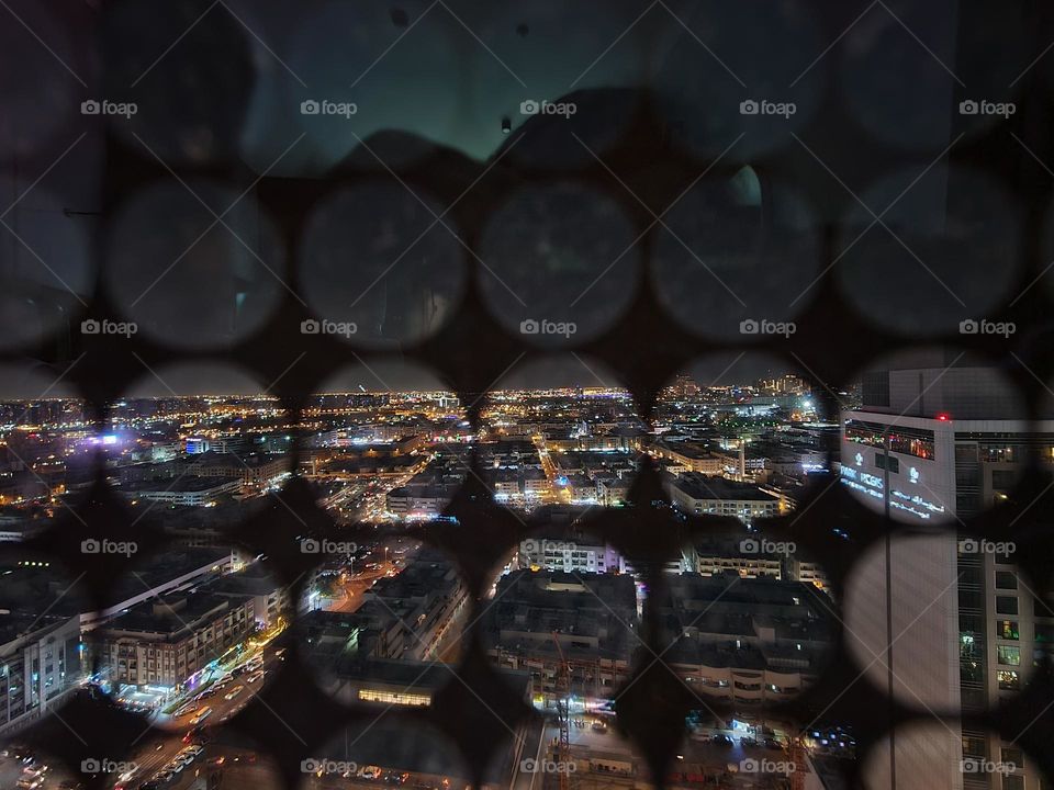 Dubai through hotel window