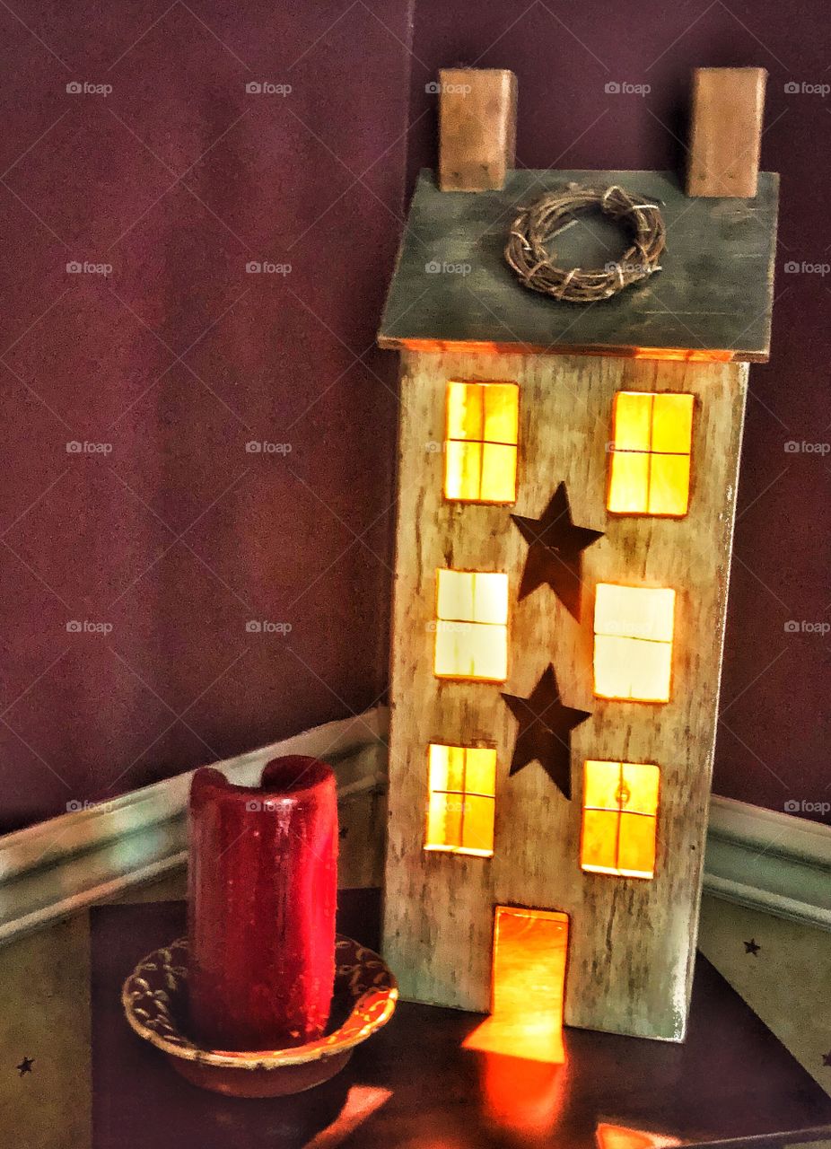 Salt box lighted house red candle country primitive home decor 