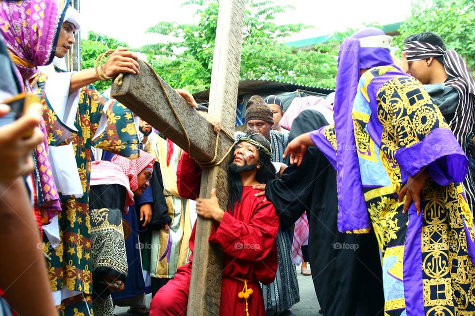 catholic devotees reenact the death of jesus christ on good friday during holy week in cainta, rizal, philippines, asia