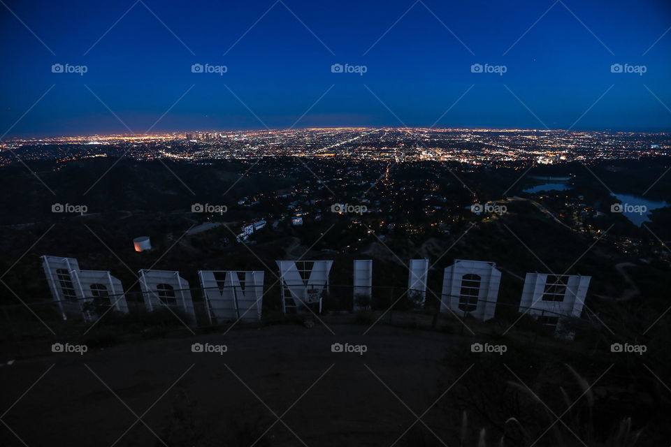 Hollywood Nights. Los Angeles City Skyline beyond the Hollywood Sign.