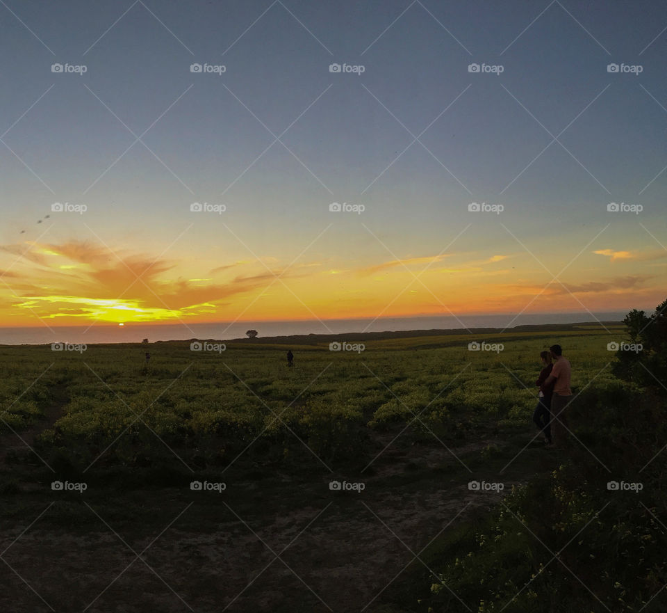 Couple watching a golden sunset on the coast