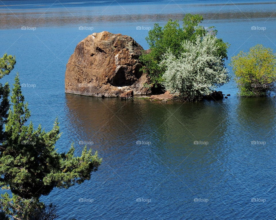 A giant boulder in Prineville Reservoir on a sunny summer morning 