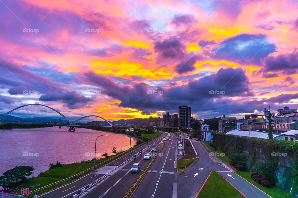 Beautiful sun set and pink clouds natural landscape