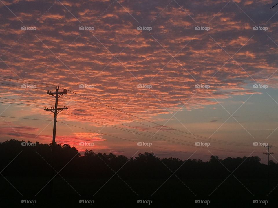 Sunrise Above the Wires. Sun kisses the clouds above the network of wires that power the electronic life on earth. 