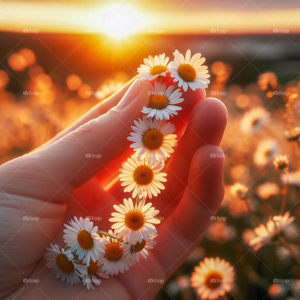 Sunset Daisy Chain
the delicate interaction between human touch and the simple elegance of nature. Fingers gently hold a chain of daisies, illuminated by the warm glow of a setting sun.