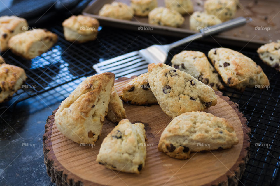 Fresh scones out of the oven set in a kitchen 