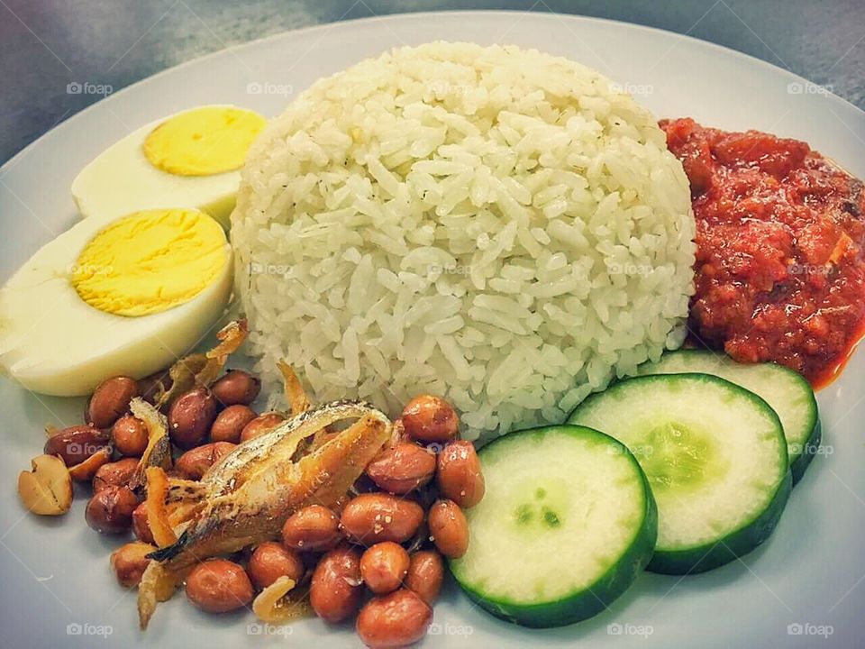 Nasi lemak, a rice dish cooked in coconut milk and pandan leaf. It is commonly found in Malaysia