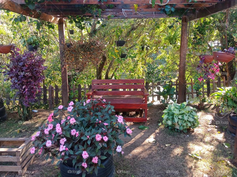 Garden by the street in front of a supermarket, waiting for transport