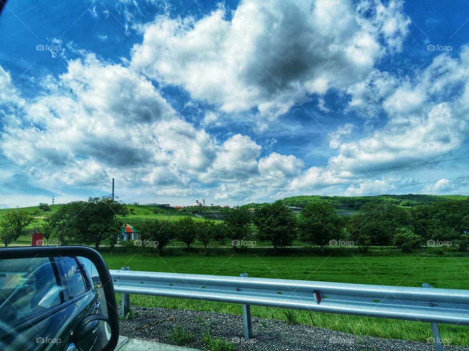 Road trip outdoor nature greens wild forest sky clouds moody car road way blue field grass flower beauty plant