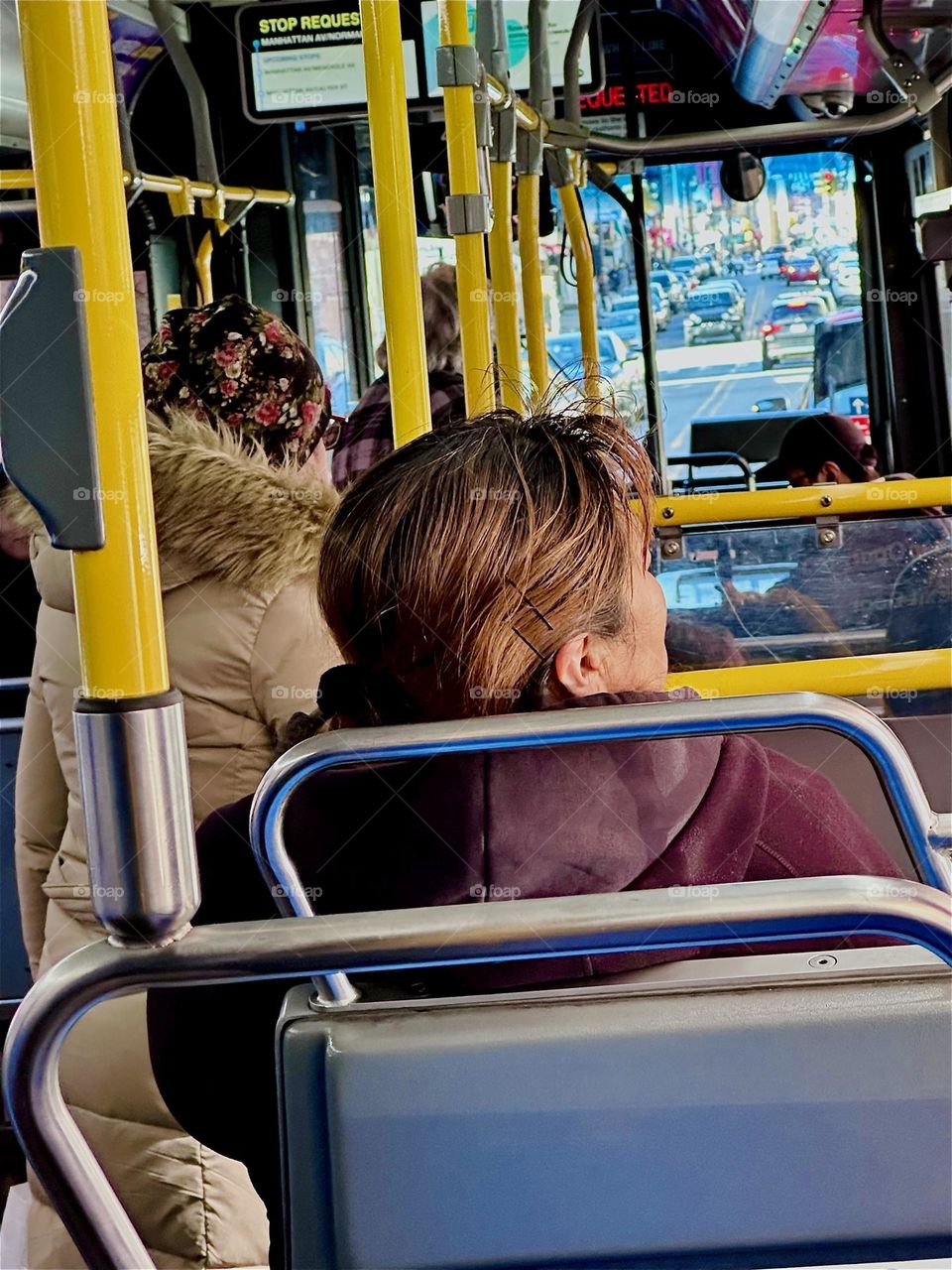 These people are riding the B43 bus with me from “Greenpoint” to “Bushwick”, Brooklyn taking in the sights along the way. 2024. Hypnotic Productions