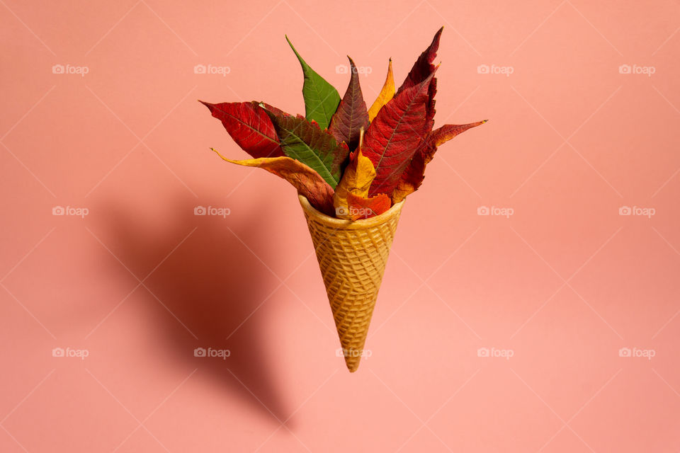Creative concept of ice cream cone with autumn leaves