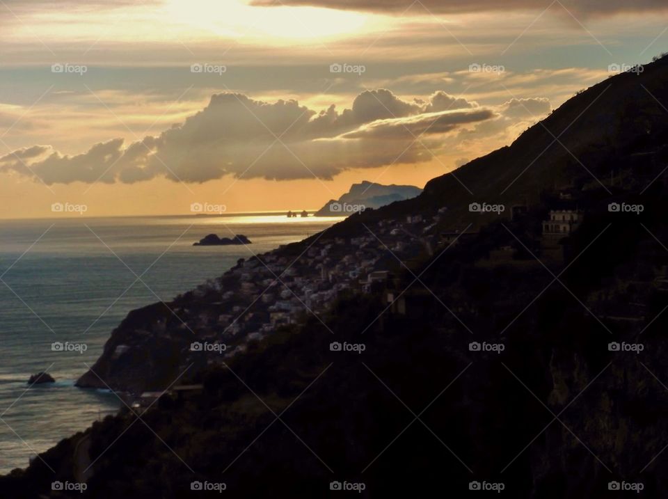 Scenic view of Amalfi Coast at sunset