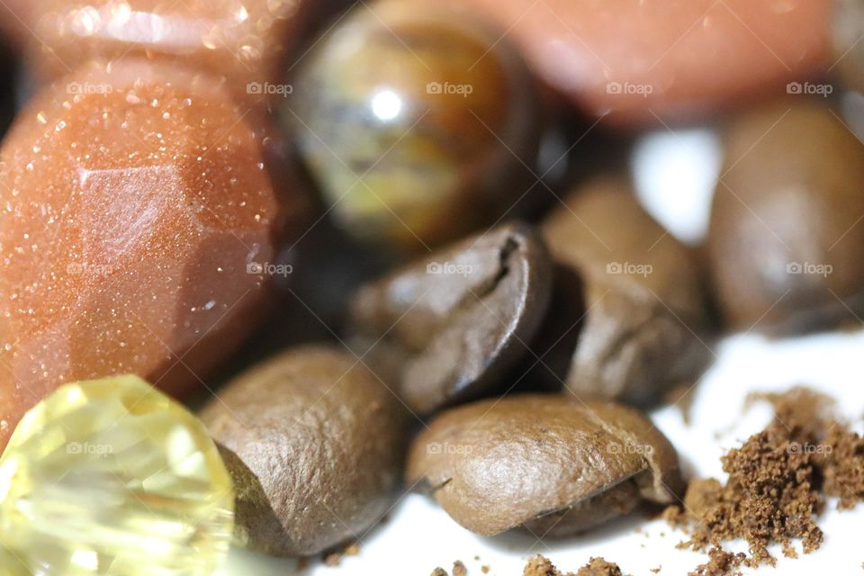 Semi-precious stones and coffee beans