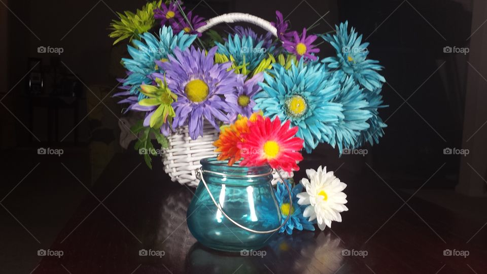 vase and white basket colors and flowers
