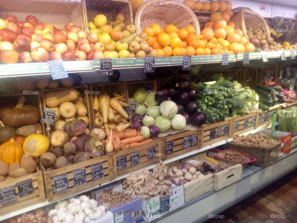 Organic fruit and vegetables in a food store