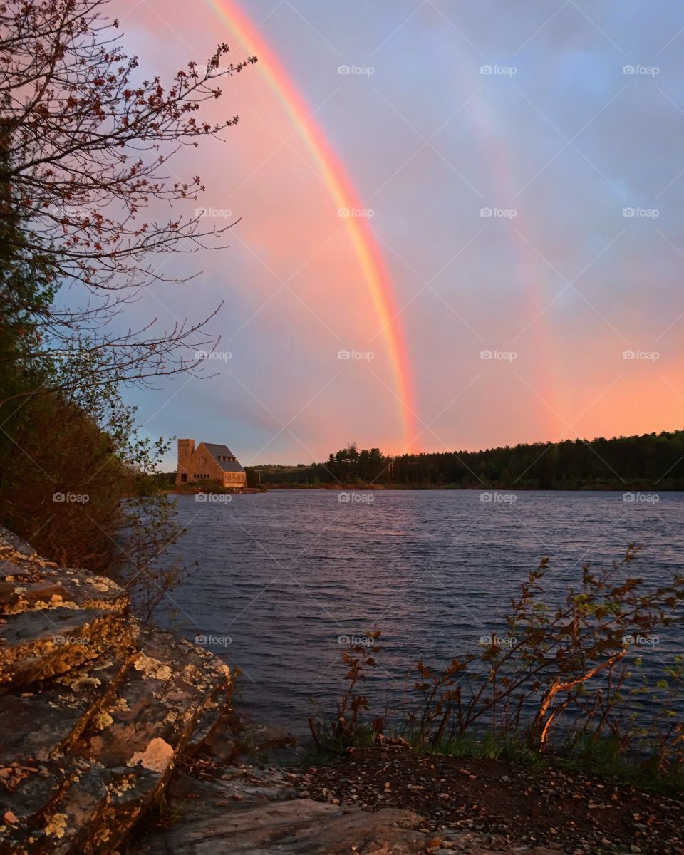 Rainbow over church