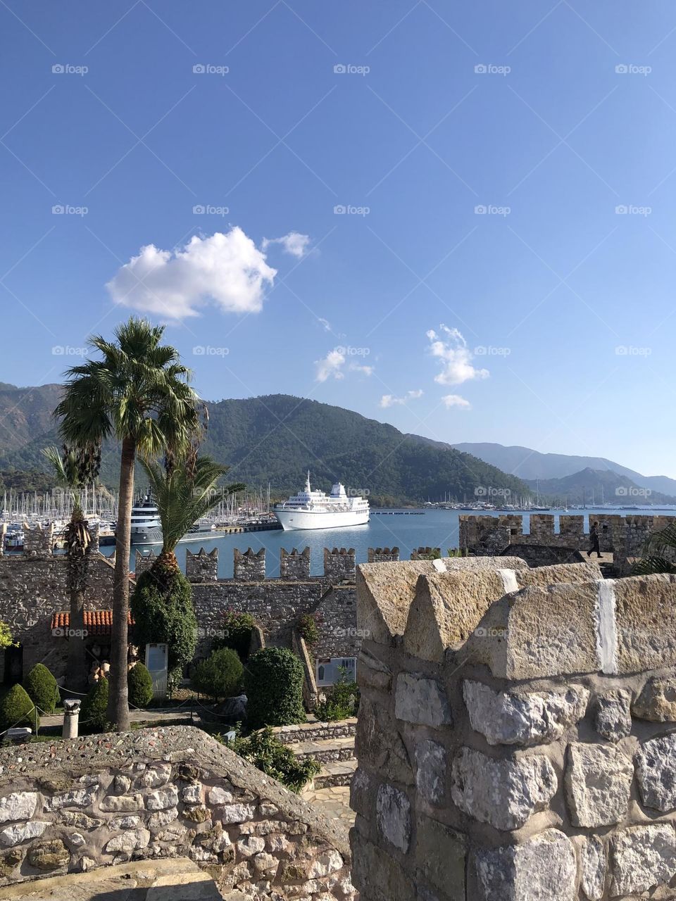 Castle sea view. Palm, blue sky, Mediterranean sea 