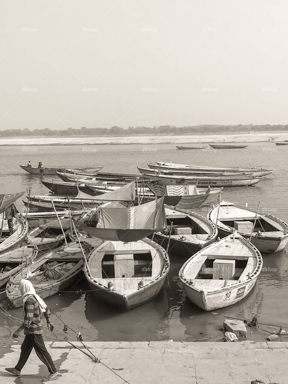 Boats waiting for customers for rides on the river Ganges 
