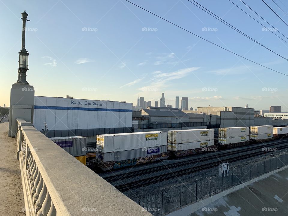 View of downtown skyline from the Seventh Street Bridge  near the Arts District in Los Angeles, California 