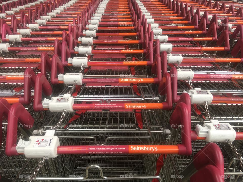 Shopping trolleys at Sainsbury’s supermarket, The Brewery, Romford 