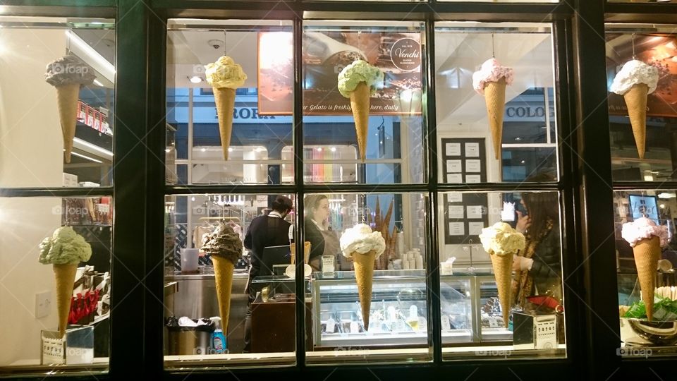 Window display of assorted gelato at Venchi Chocolate and Gelato, The Market Building, Covent Garden, London
