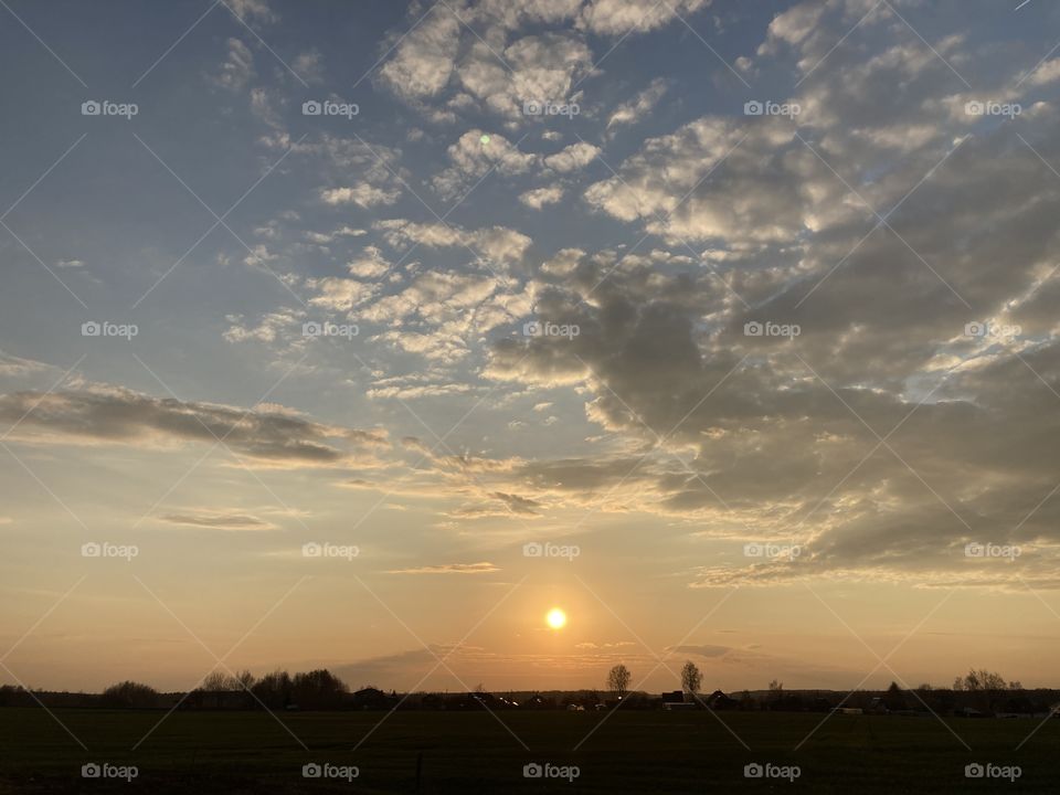 Sunset, evening, nature, sky, sun, clouds, field 