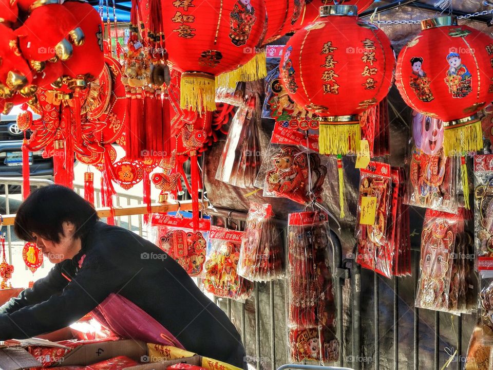 Chinese New Year Decorations Hanging In A Street Market