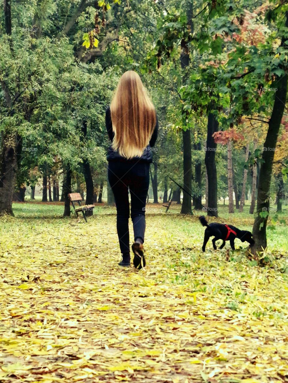 blonde girl walking the dog in the park