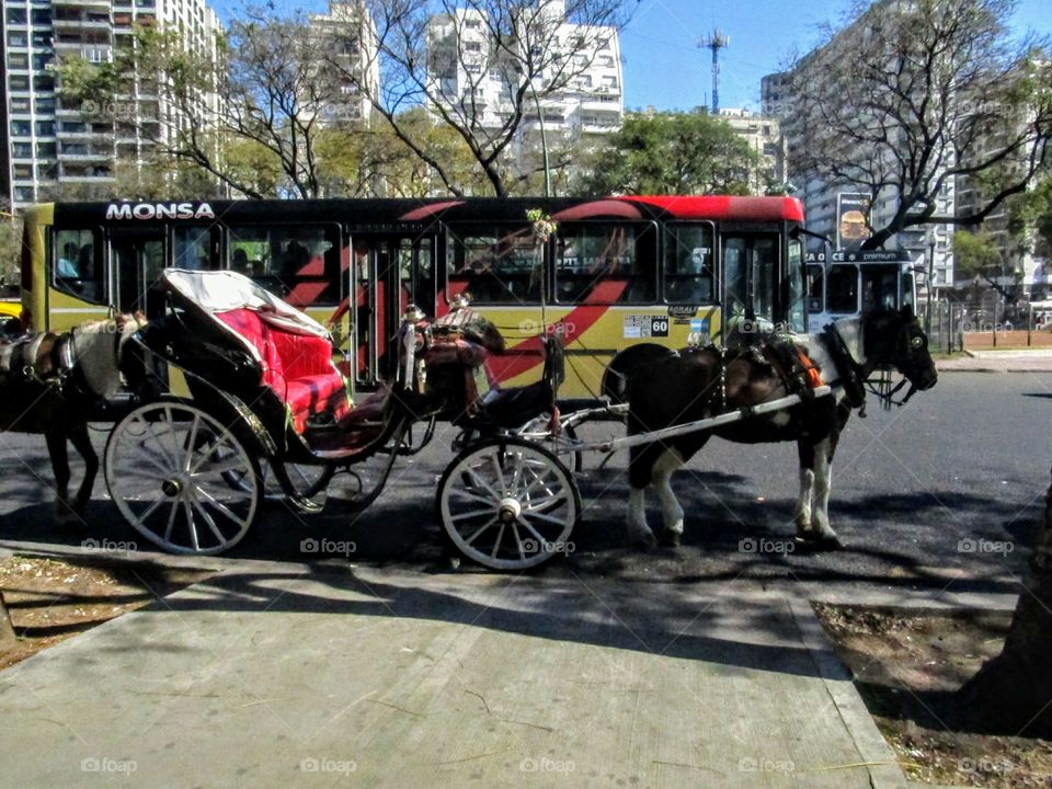 an old carriage in modern city