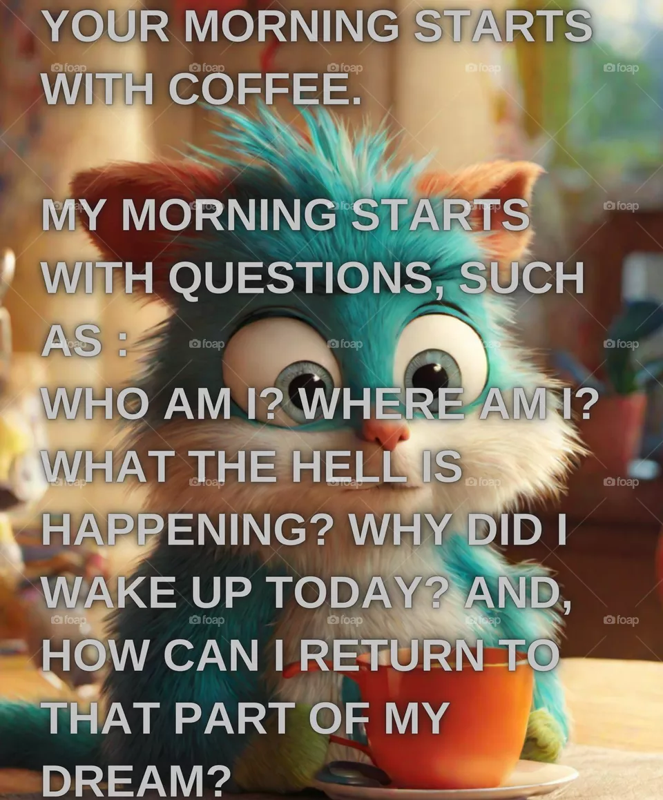 Your morning starts with coffee.

My morning starts with questions, such as :
Who am I? Where am I? WHAT THE HELL IS HAPPENING? Why did I wake up today? And, how can I return to that part of my dream?