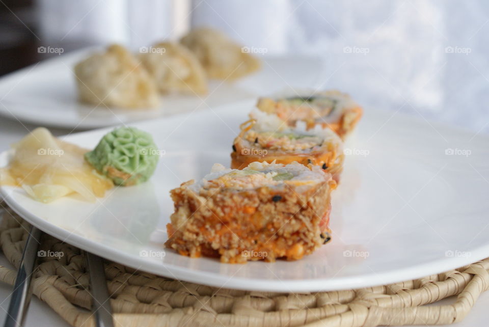 Close-up of delicious sushi in plate