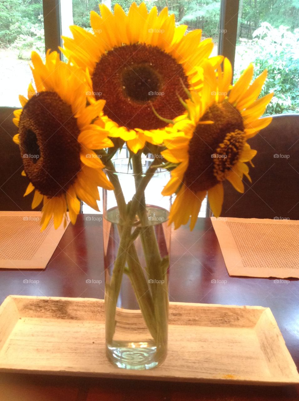 A close-up of a vase of sunflowers.