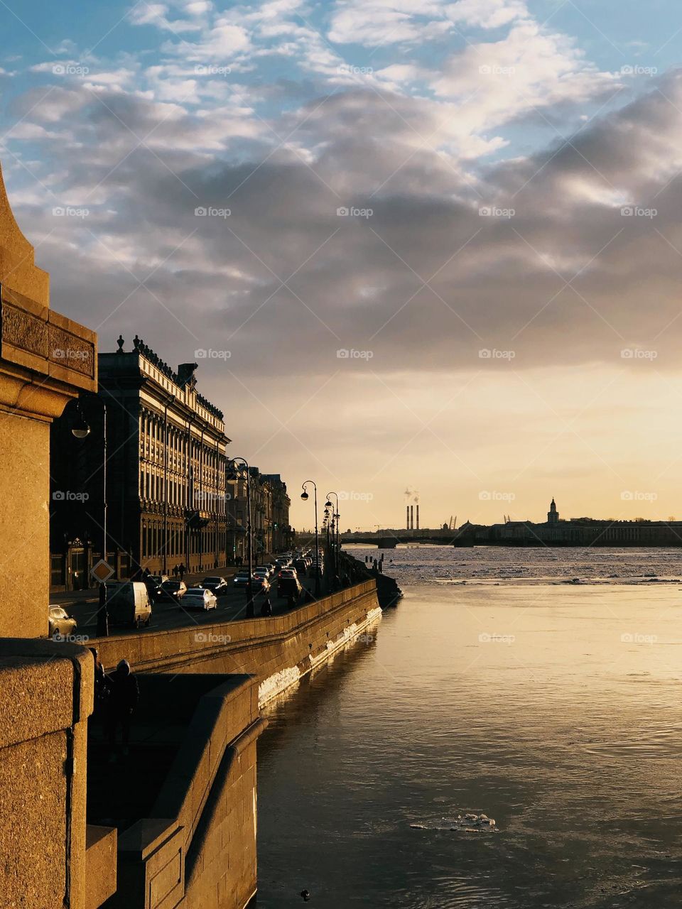 Urban nature, beautiful view on the city in golden hour 